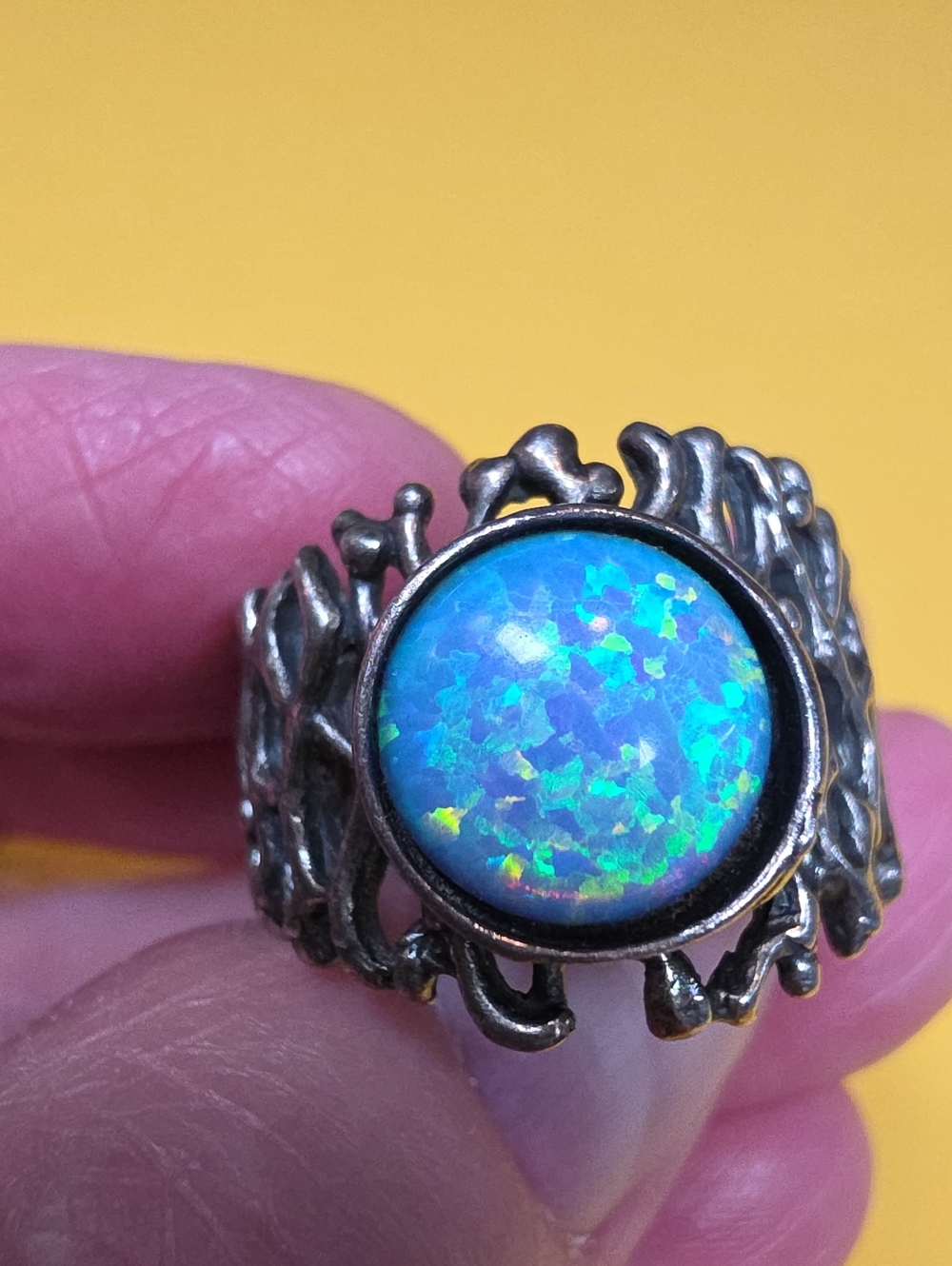 Brutalist-Style Sterling Ring w/a Likely Man-Made Opal  AS: 7.5-7.75
